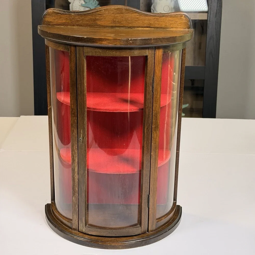 Curved Glass Solid Wood Curio Cabinet Wall Mount Display Case 19x12 Small Unique